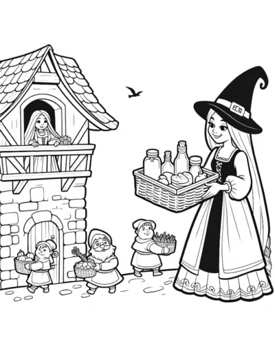 Mẫu tô màu rapunzel và mẹ Gothel bên tháp