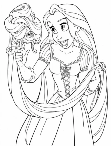 Hình tô màu rapunzel ôm mái tóc, nét chi tiết