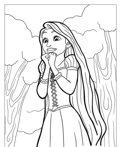 Mẫu tô màu rapunzel chắp tay giữa rừng