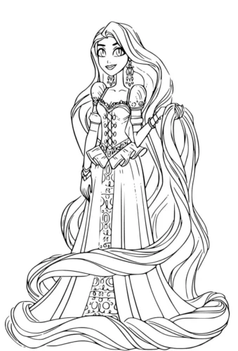 Tranh tô màu rapunzel đứng giữa tóc tết, nét mảnh