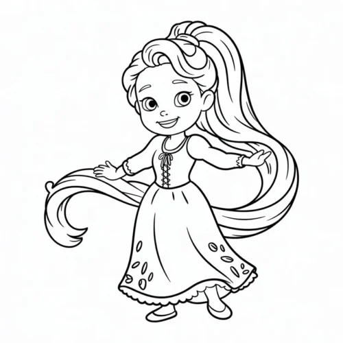 Mẫu tô màu rapunzel nhí vẫy tóc