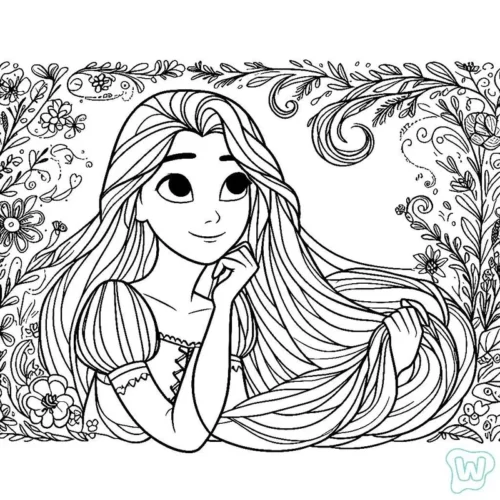 Tranh tô màu rapunzel chống cằm trong khung hoa