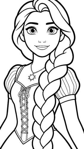 Hình tô màu rapunzel tóc tết, nét viền đậm