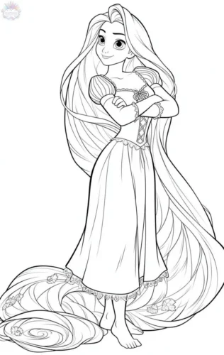 Mẫu tô màu rapunzel ôm mái tóc, nét mảnh