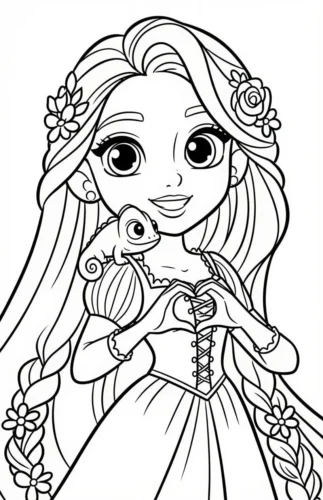 Tranh tô màu rapunzel nhí cài hoa bên Pascal
