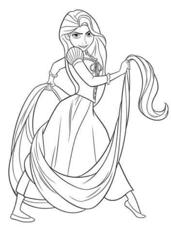Hình tô màu rapunzel kéo mái tóc bước đi
