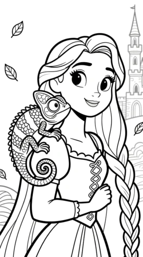 Mẫu tô màu rapunzel và Pascal trước ngọn tháp