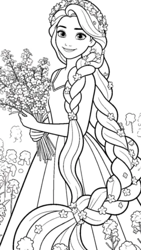 Tranh tô màu rapunzel tóc tết đầy hoa