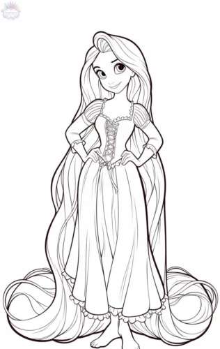 Hình tô màu rapunzel đứng, nét mảnh