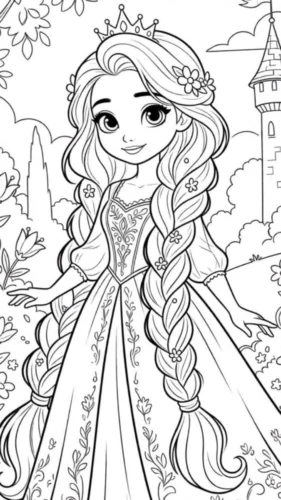 Mẫu tô màu rapunzel tóc tết đôi đội vương miện