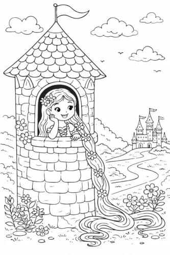 Tranh tô màu rapunzel ở cửa sổ ngọn tháp nhỏ
