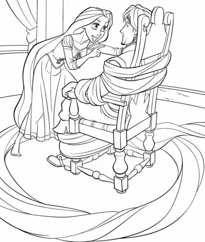 Hình tô màu rapunzel buộc Flynn vào ghế bằng tóc