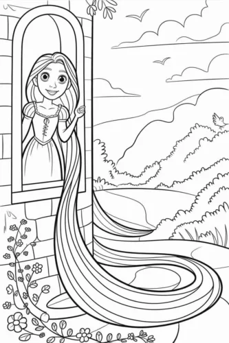 Hình tô màu rapunzel ở cửa sổ, tóc dài chấm đất