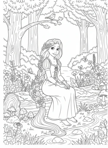 Mẫu tô màu rapunzel ngồi giữa rừng cây