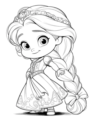 Tranh tô màu rapunzel nhí cầm bím tóc