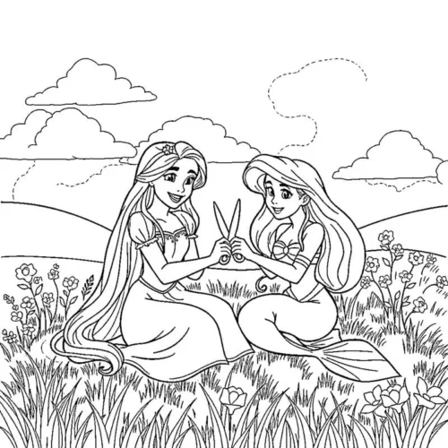 Tranh tô màu rapunzel và bạn ngồi trên cỏ