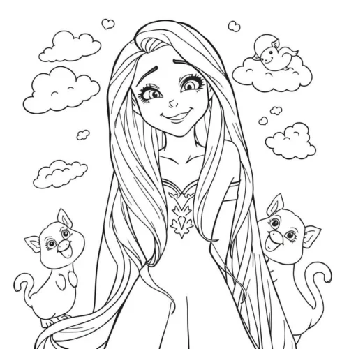 Mẫu tô màu rapunzel giữa mây và mèo con