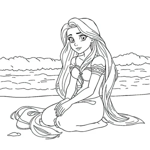 Tranh tô màu rapunzel ngồi bên bờ biển