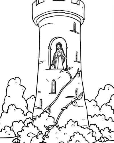 Hình tô màu rapunzel ở cửa sổ ngọn tháp cao