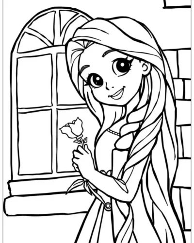 Rapunzel cầm hoa bên cửa sổ