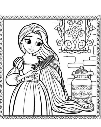 Rapunzel chải tóc trong khung hoa văn
