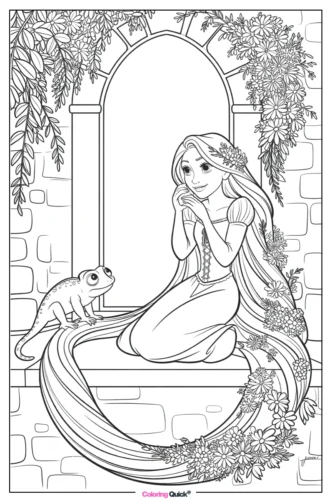Rapunzel ngồi trong khung cửa vòm