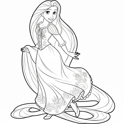 Rapunzel ngồi xoè váy, tóc dài