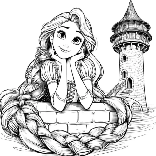 Rapunzel chống cằm trước ngọn tháp