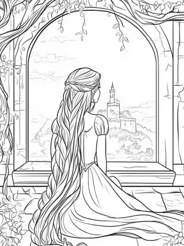Rapunzel ngồi ngắm lâu đài qua cửa sổ