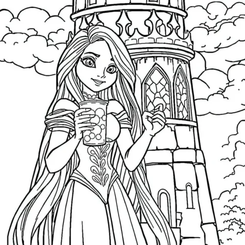 Rapunzel uống trà trước ngọn tháp