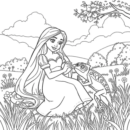 Rapunzel ngồi đọc sách trên đồi