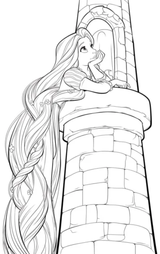 Tranh tô màu rapunzel thả tóc từ đỉnh tháp