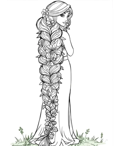 Hình tô màu rapunzel tóc tết dài chạm đất