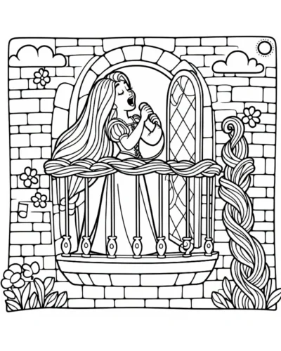 Mẫu tô màu rapunzel trên ban công tháp