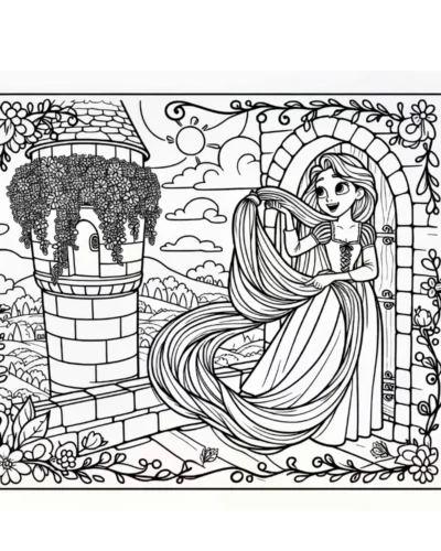 Tranh tô màu rapunzel ngồi giữa tháp và tóc dài