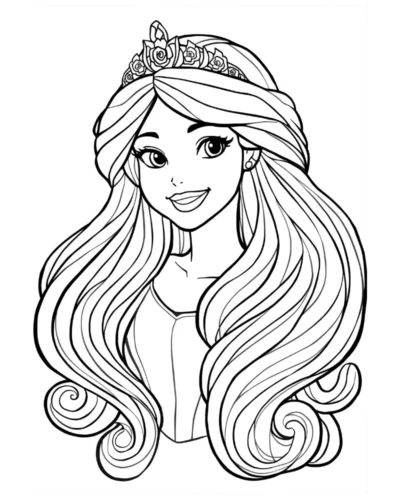 Hình tô màu rapunzel đội vương miện, tóc xoăn