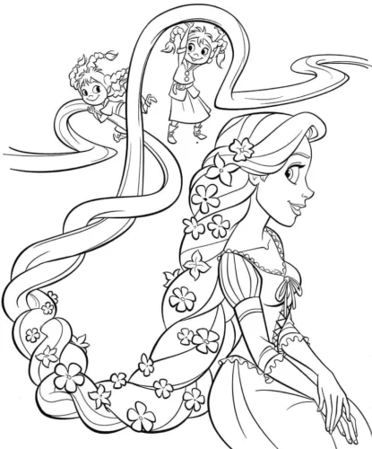 Mẫu tô màu rapunzel tóc tết uốn quanh trang