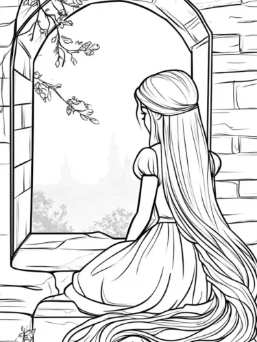 Tranh tô màu rapunzel ngồi bên cửa sổ tháp