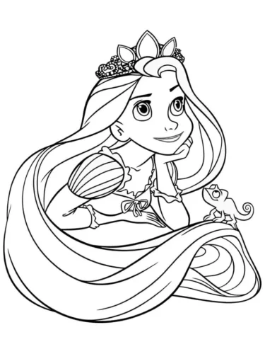 Hình tô màu rapunzel ngồi giữa mái tóc cuộn, đội vương miện