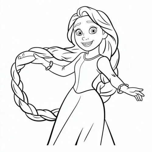 Hình tô màu rapunzel cầm bím tóc vẫy