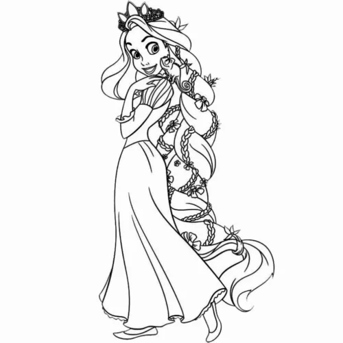 Mẫu tô màu rapunzel đứng, tóc tết cài hoa