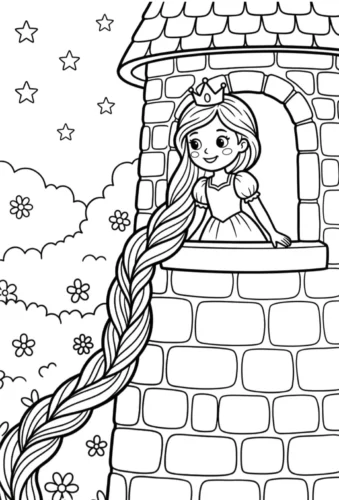 Tranh tô màu rapunzel ở cửa sổ tháp giữa sao