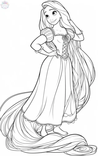 Hình tô màu rapunzel chống hông, tóc dài