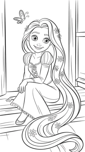 Mẫu tô màu rapunzel ngồi bên cửa sổ