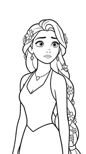 Tranh tô màu rapunzel đứng, tóc cài hoa
