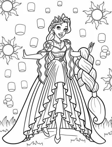 Hình tô màu rapunzel giữa đèn trời và mặt trời