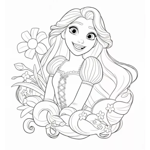 Tranh tô màu rapunzel giữa hoa lớn
