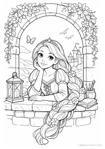 Hình tô màu rapunzel tựa cửa sổ tháp có đèn