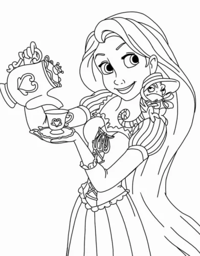 Mẫu tô màu rapunzel rót trà cùng tắc kè Pascal