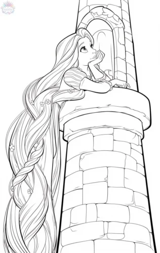 Mẫu tô màu rapunzel thả tóc từ tháp, nét mảnh